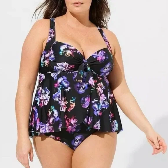 Torrid Midnight Roses Wireless Babydoll Tankini Top & Black Bottoms Swim SET 3X